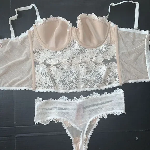 Victoria's Secret 34D BRA SET+36C CORSET+Thong BEIGE white embroidered APPLIQUE